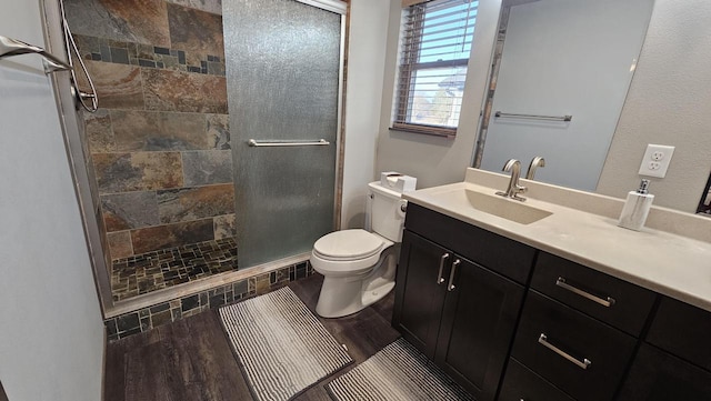 bathroom featuring a shower stall, toilet, and vanity