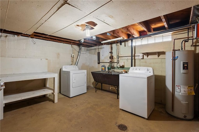 unfinished below grade area with a sink, electric water heater, and washer and dryer