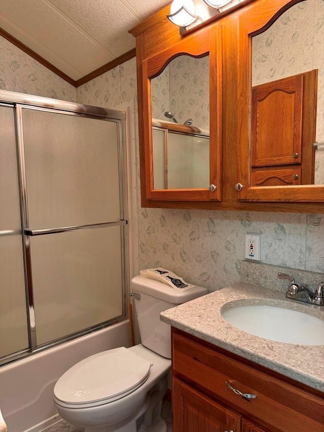 full bathroom with lofted ceiling, enclosed tub / shower combo, toilet, and wallpapered walls