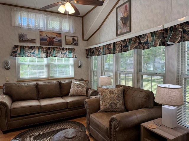 living area with a ceiling fan, a towering ceiling, and wood finished floors