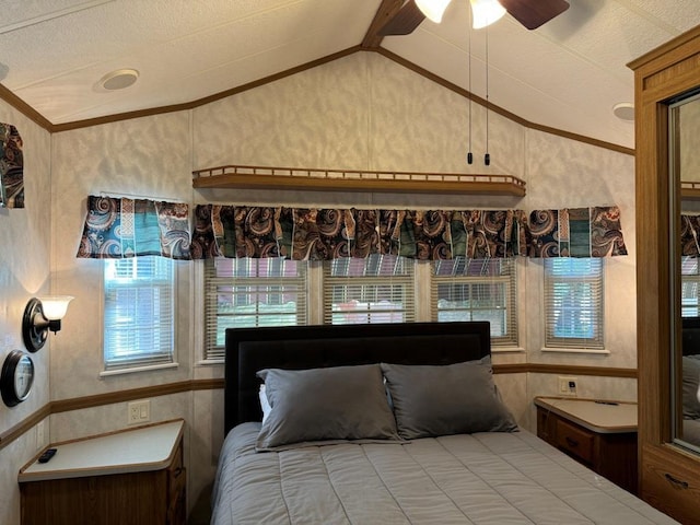 bedroom featuring crown molding and vaulted ceiling