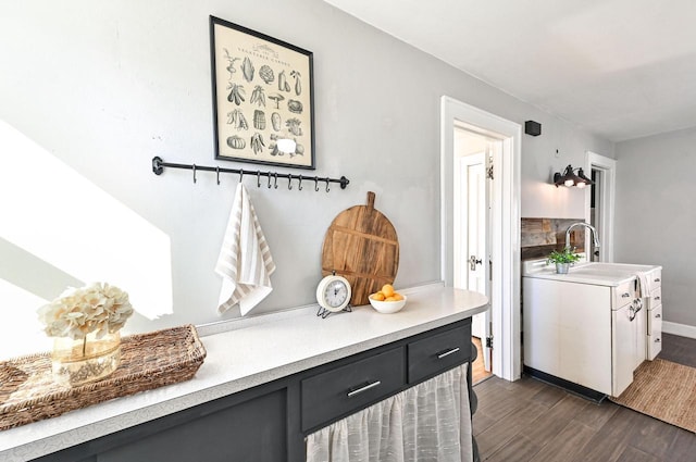 interior space featuring baseboards, dark wood finished floors, and a sink