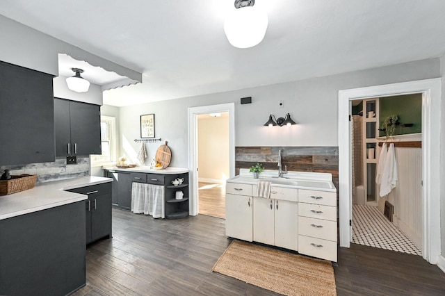 kitchen featuring dark wood-type flooring, light countertops, a sink, and dark cabinetry