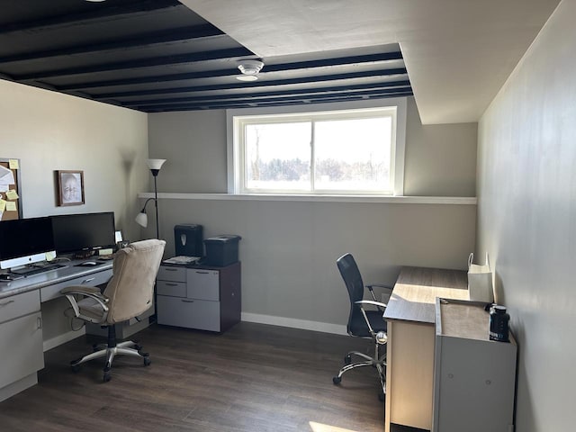 home office with dark wood-style floors and baseboards