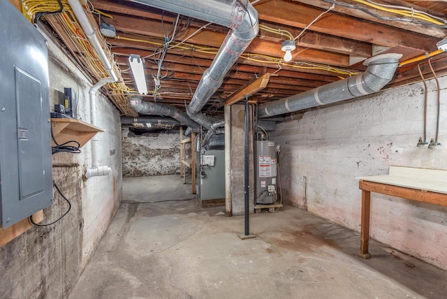 unfinished basement with electric panel and water heater