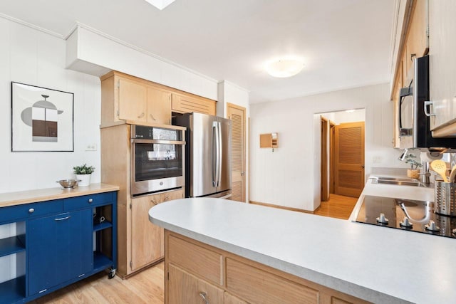 kitchen with light wood-type flooring, light countertops, a peninsula, stainless steel appliances, and a sink