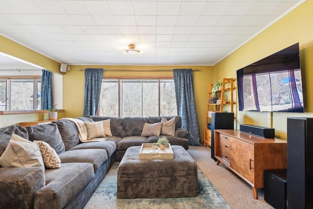 living area with a healthy amount of sunlight, ornamental molding, and carpet flooring