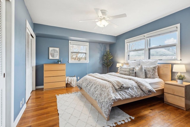 bedroom with multiple windows, wood finished floors, baseboards, and a closet