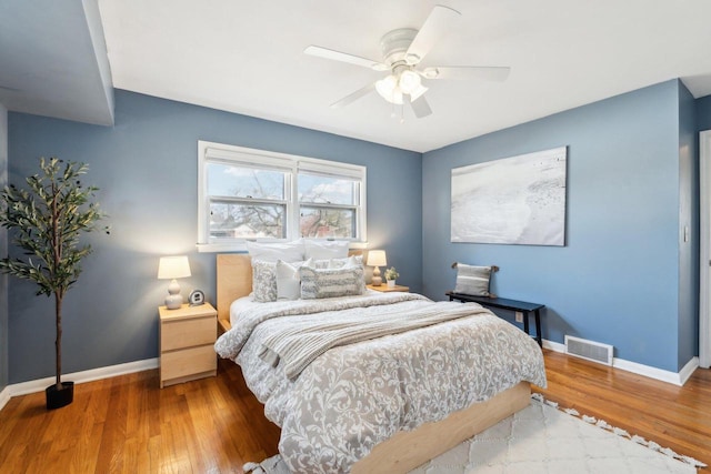 bedroom featuring a ceiling fan, wood finished floors, baseboards, and visible vents