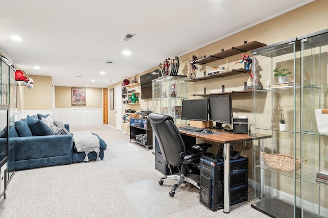 carpeted home office featuring wainscoting, visible vents, and recessed lighting