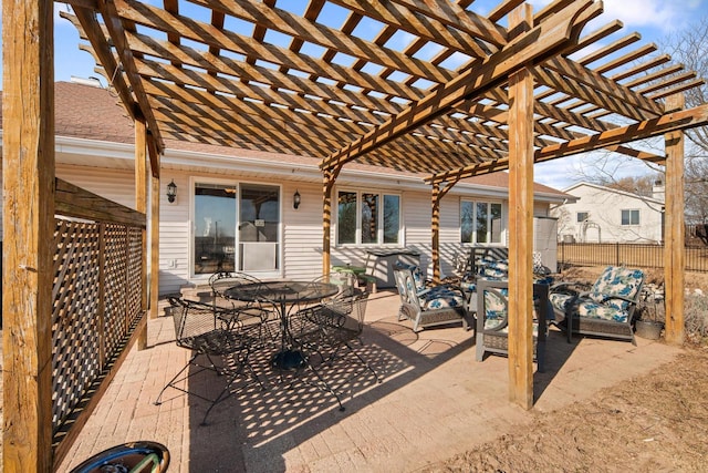 view of patio / terrace featuring outdoor dining area, fence, and a pergola