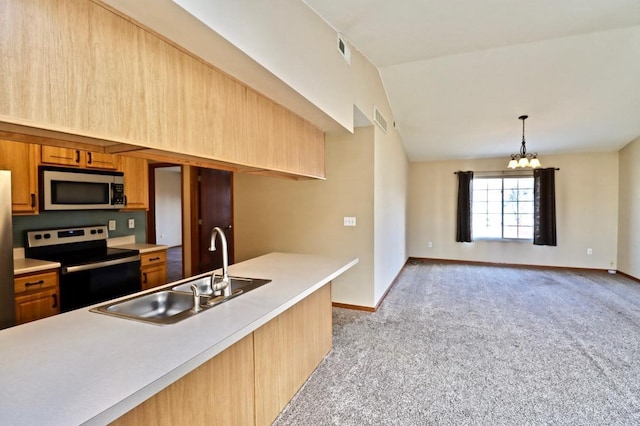 kitchen with light carpet, visible vents, stainless steel appliances, and a sink