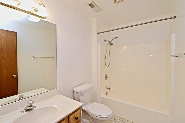 full bath with toilet, visible vents, shower / washtub combination, and vanity