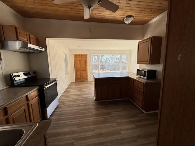 kitchen with range with electric stovetop, stainless steel microwave, dark wood-type flooring, wooden ceiling, and under cabinet range hood