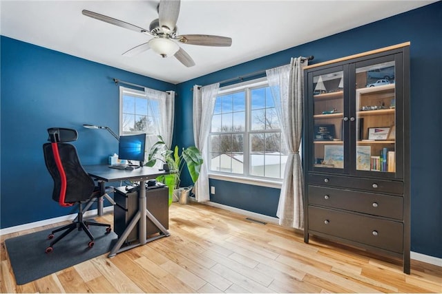 office area featuring ceiling fan, visible vents, light wood-style flooring, and baseboards