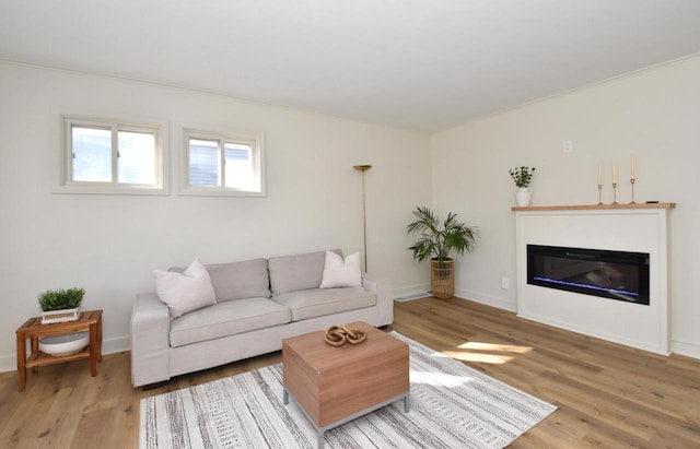 living area featuring a glass covered fireplace, light wood-style flooring, and baseboards