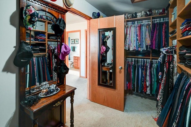 walk in closet with carpet