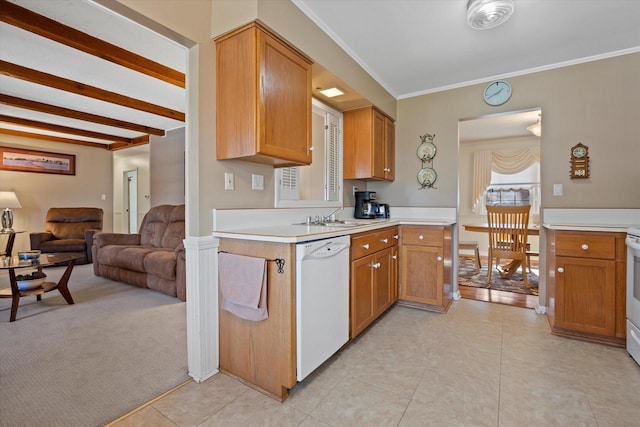 kitchen featuring beamed ceiling, open floor plan, dishwasher, light countertops, and ornamental molding