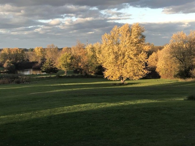 view of home's community with a water view and a lawn