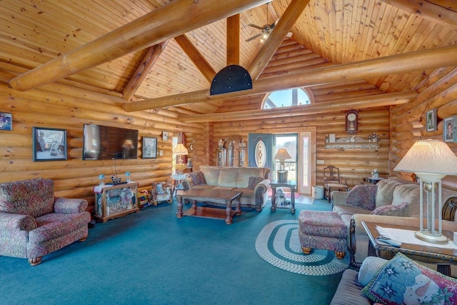 living area featuring high vaulted ceiling, wood ceiling, and beamed ceiling