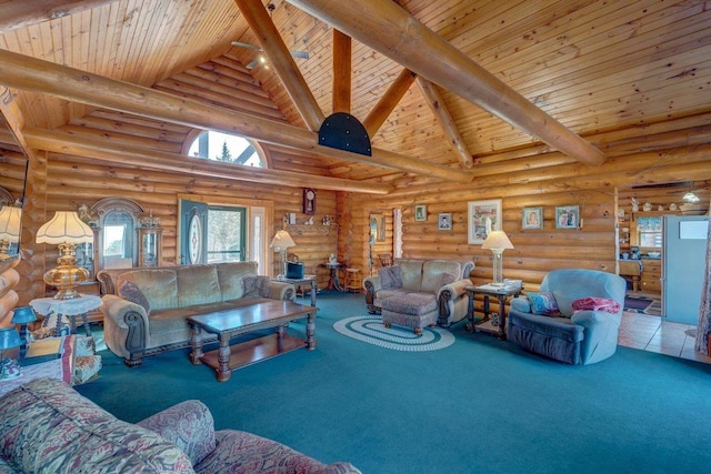 tiled living room with high vaulted ceiling, wood ceiling, beam ceiling, and rustic walls