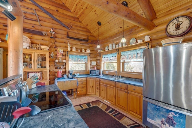 kitchen featuring stainless steel appliances, dark countertops, wood ceiling, a sink, and beamed ceiling