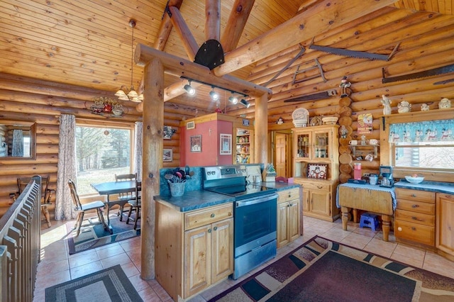 kitchen with dark countertops, wooden ceiling, stainless steel electric range, high vaulted ceiling, and beam ceiling