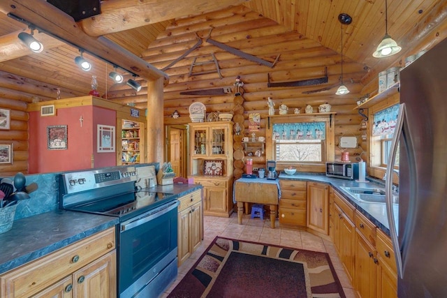 kitchen with dark countertops, wood ceiling, stainless steel appliances, and light tile patterned flooring