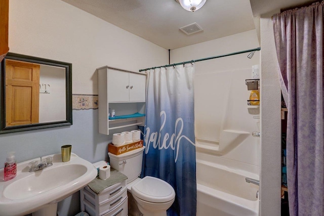 full bathroom featuring shower / tub combo, visible vents, a sink, and toilet