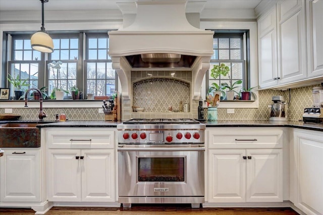 kitchen featuring custom exhaust hood, designer stove, and white cabinets