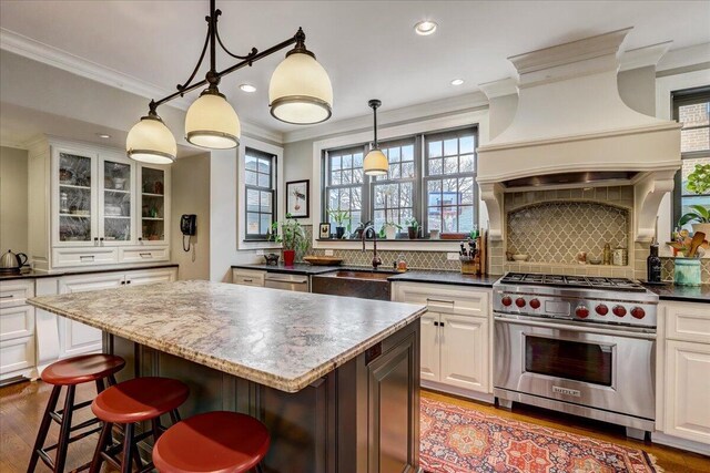 kitchen featuring premium range hood, appliances with stainless steel finishes, a sink, and ornamental molding