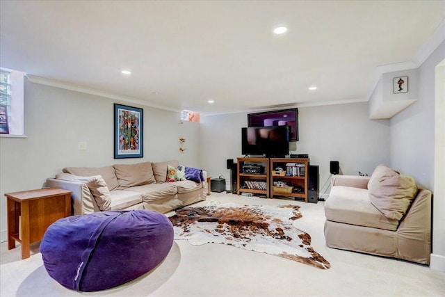 living room featuring carpet floors, recessed lighting, and crown molding