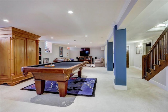 game room featuring baseboards, pool table, recessed lighting, and light colored carpet