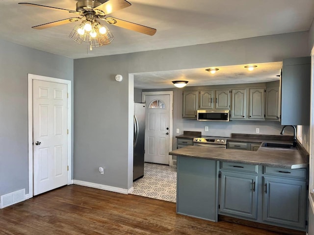 kitchen with visible vents, a peninsula, a sink, appliances with stainless steel finishes, and dark countertops