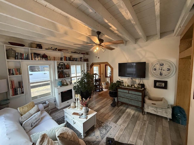 living room with wood ceiling, ceiling fan, wood finished floors, and beamed ceiling