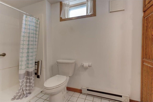 full bath with baseboards, a baseboard radiator, tile patterned flooring, curtained shower, and toilet