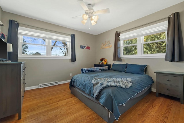 bedroom featuring visible vents, multiple windows, baseboards, and light wood-style floors