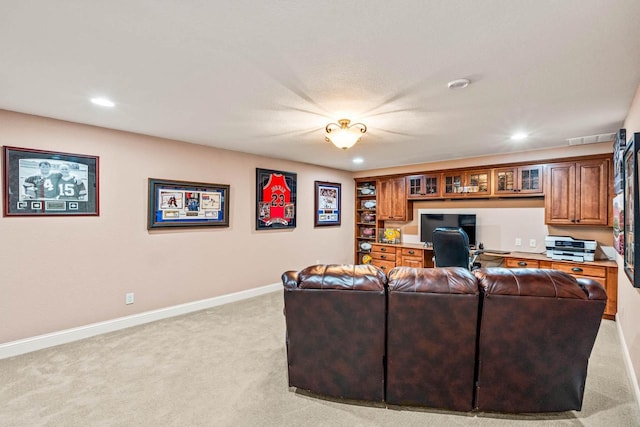 living area featuring light carpet, recessed lighting, and baseboards