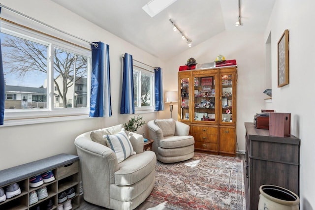 sitting room with lofted ceiling with skylight and rail lighting