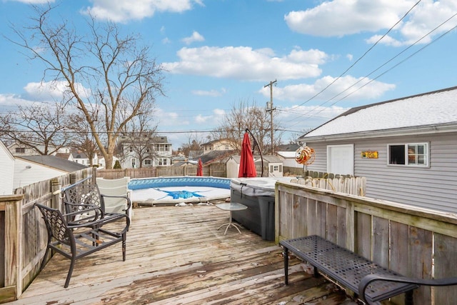 deck featuring a fenced backyard and a fenced in pool