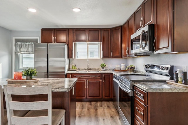 kitchen with recessed lighting, stainless steel appliances, a sink, light wood-type flooring, and plenty of natural light