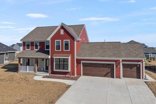 view of front of home featuring a garage, covered porch, roof with shingles, and concrete driveway