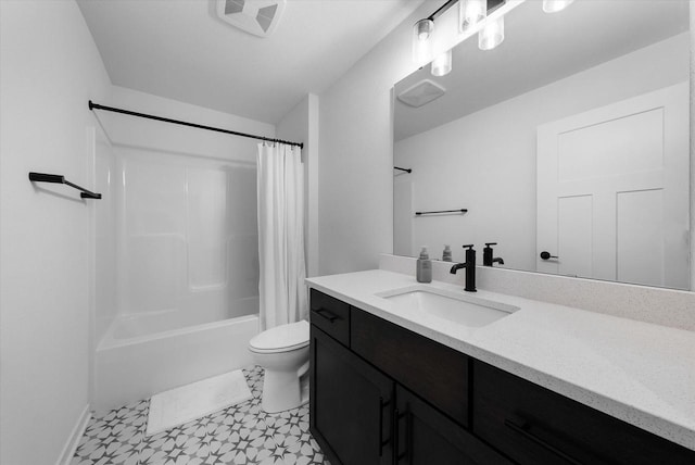 bathroom with shower / bath combo, visible vents, vanity, and toilet