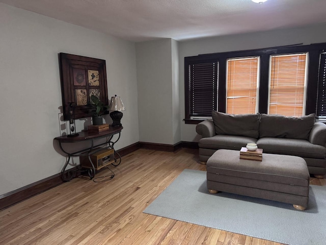 living area featuring light wood finished floors and baseboards