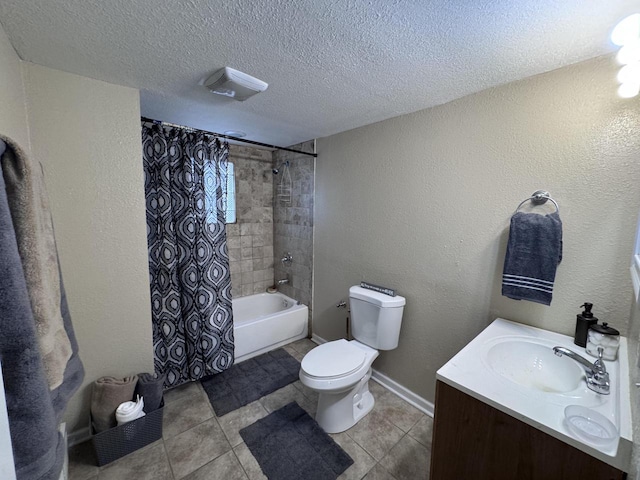 full bath featuring shower / bathtub combination with curtain, toilet, a textured ceiling, vanity, and tile patterned flooring