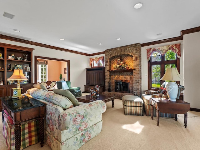 living room featuring carpet floors, a fireplace, recessed lighting, visible vents, and ornamental molding