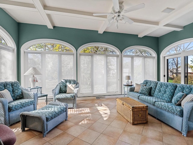 sunroom / solarium featuring a ceiling fan, beam ceiling, coffered ceiling, and visible vents