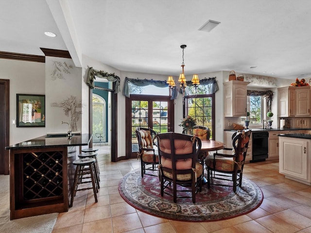 dining room featuring light tile patterned floors, recessed lighting, visible vents, and an inviting chandelier