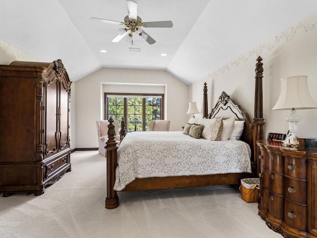 bedroom featuring lofted ceiling, recessed lighting, light carpet, a ceiling fan, and baseboards