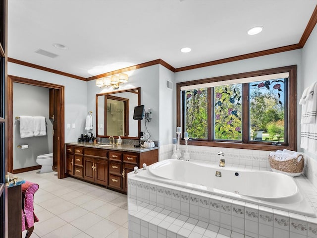 full bath featuring ornamental molding, visible vents, toilet, and a bath